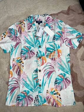 NEW UNIVIBE Boys White Tropical Button-Down Relaxed Fit Shirt